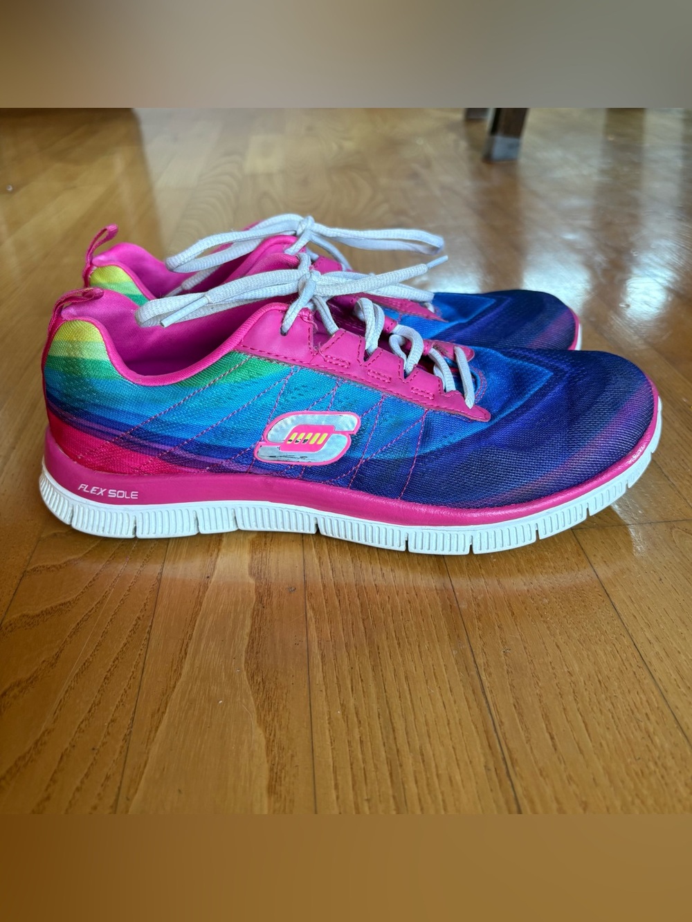 Skechers Flex Sole sneakers Shoes Rainbow Womens Colorful Pink Purple size 8.5